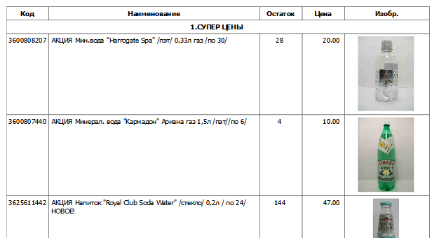 Прайс лист с изображением товаров и остатками